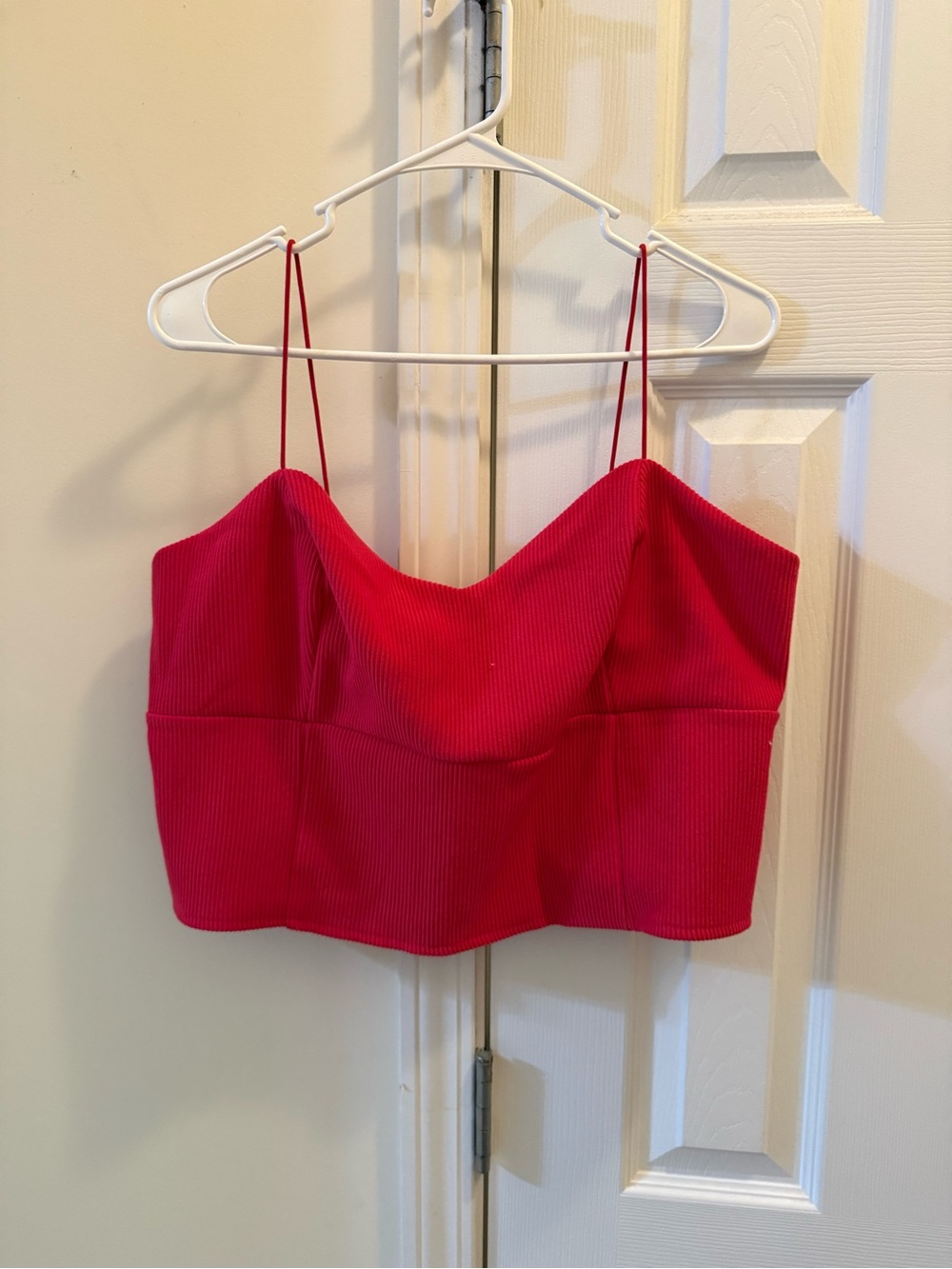 Women’s Red Ribbed Spaghetti Strap Crop Top